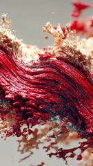 Poster - Detailed textured swirl of vibrant red paint with dynamic strokes and scattered particles against a neutral background