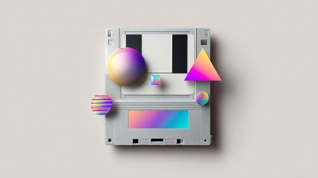 Retro aesthetic design featuring a floppy disk with geometric shapes and vibrant colors