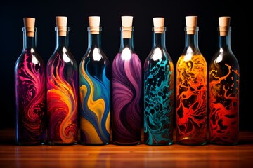 Poster - Colorful abstract patterns swirl inside elegant glass bottles with cork stoppers
