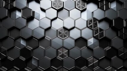 Poster - A dark abstract background features a geometric pattern of black hexagons, creating a textured and elegant design