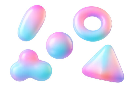 Colorful holographic 3D geometric shapes isolated on a transparent background