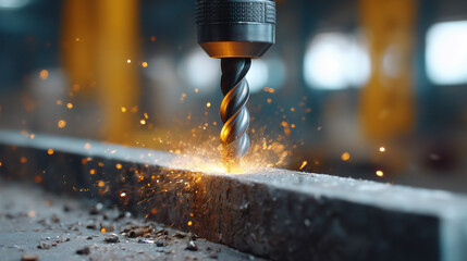 Poster - Powerful drill bit penetrates metal surface creating sparks in expansive workshop filled with tools and equipment. Concept of manufacturing, engineering, metalworking