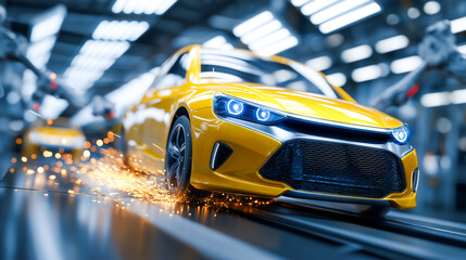 Poster - Yellow sports car speeds along automated assembly line with bright sparks flying. Modern factory setting showcases advanced technology and innovation