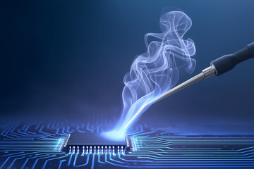 Poster - Soldering iron emits smoke while repairing microchip on blue printed circuit board. High-tech workshop atmosphere, focused on electronics. Concept of technology, engineering, innovation