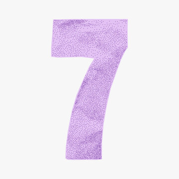 Bright purple number 7 in pastel crumpled paper with torn edges. Cartoonish hand cut shape with sticker texture, cheerful and colorful appearance.