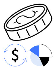 Poster - Coin designed with dollar emblem alongside currency exchange arrows and a segmented pie chart. Ideal for finance, investments, accounting, trade, analytics, budgeting, and savings. Flat simple