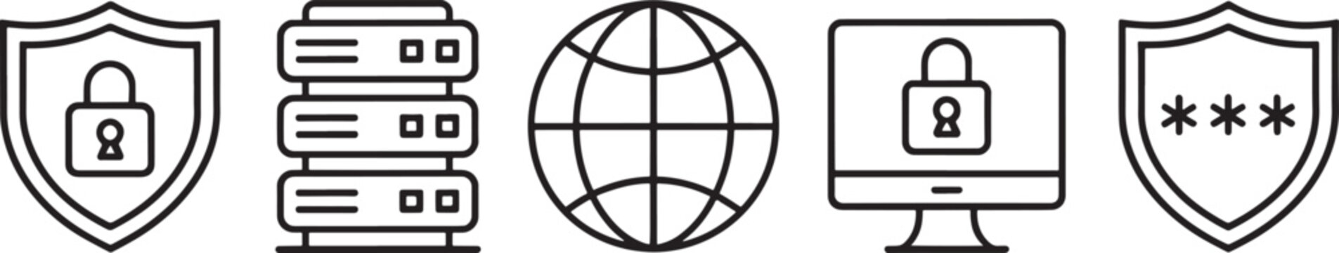 Cybersecurity icons including shields servers globe computer and password silhouette isolated on white background
