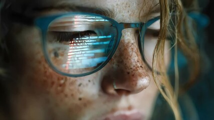 Poster - Close-up of a woman with glasses reflecting programming code, symbolizing technology and software development