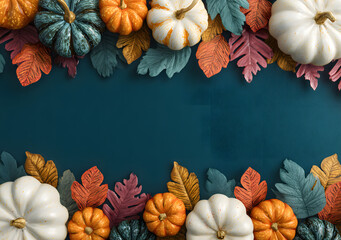 Poster - A festive autumn arrangement of pumpkins and colorful fall leaves creating a border on a deep teal background for seasonal greetings