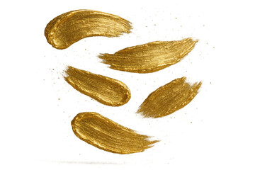 Poster - Group of golden paint brushstrokes isolated on transparent background art design