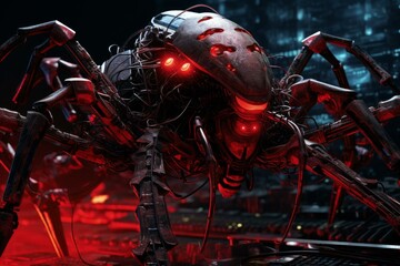 Poster - Mechanical spider with glowing red eyes crawling in futuristic server room