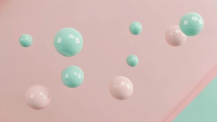 Poster - Pastel pink and blue spheres float in an abstract 3d rendering against a diagonally split background