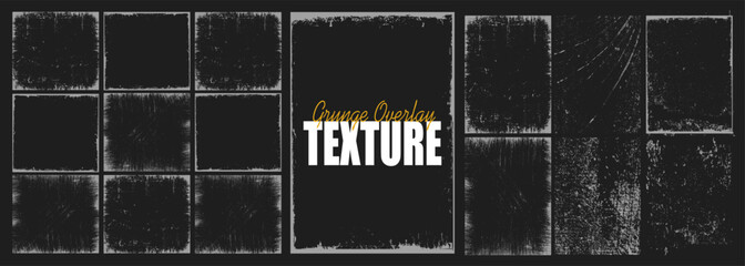 Aufkleber - Collection of grunge overlay paper texture, damaged photo cover, retro torn or rip background, distressed ink paint brush stroke frame and dirty banner filter with uneven edge, splash and dust grain.