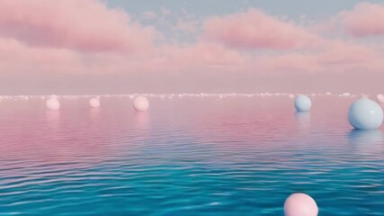 Poster - Pastel spheres float on water under a dreamy pink and blue sky with soft, fluffy clouds