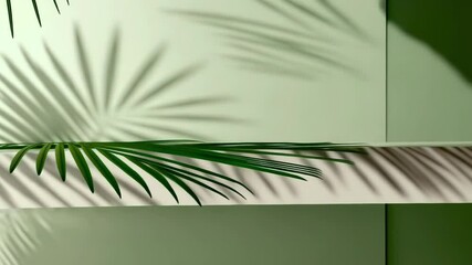 Poster - The shadows of tropical leaves create a natural, abstract pattern on a green wall, providing a minimal backdrop