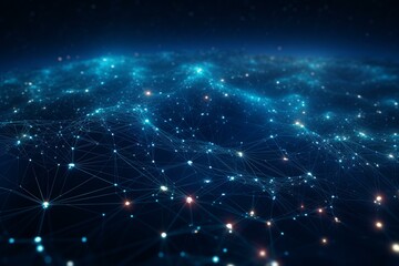 Fototapete - Complex network of interconnected glowing nodes forming a futuristic plexus landscape in digital cyberspace