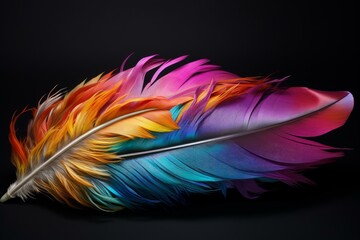Poster - Brightly colored feather with rainbow hues isolated on a black background