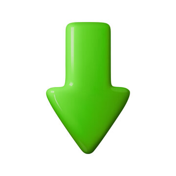 Bright green glossy 3d arrow vector illustration. Perfect for download icons, navigation pointers, or direction indicators. Trendy and eye-catching for web and app design.