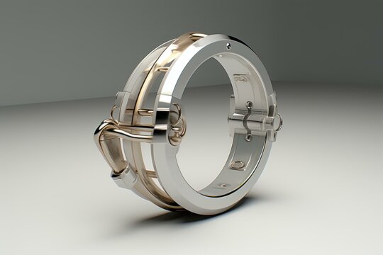 Silver and gold ring spinning on white background, showing intricate design and futuristic concept