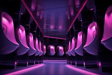 Poster - Empty modern public restroom interior with pink and purple neon lights