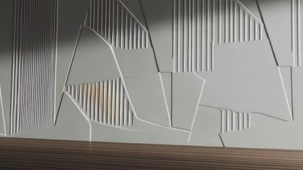 Poster - A modern wall panel features an abstract geometric pattern with a textured surface and a wooden floor
