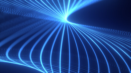 Poster - Blue neon dotted grid curving into a vanishing point with dynamic digital symmetry