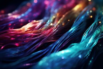 Fototapete - Fiber optic cables transmitting data with glowing lights, representing modern communication technology