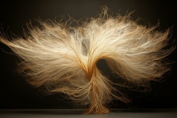 Poster - Dynamic arrangement of blonde hair swirling and flowing against a dark background, creating an abstract and artistic composition