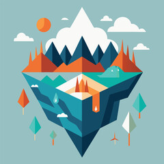 Poster - Abstract geometric landscape illustration featuring sun mountains clouds and floating island elements showcasing a colorful modern design