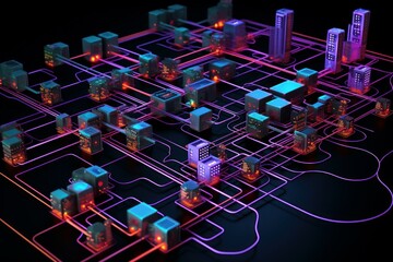 Poster - Complex network of servers and buildings interconnected, symbolizing smart city infrastructure and data flow in urban environment