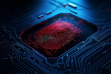 Poster - Red fingerprint glowing on dark printed circuit board, representing cybersecurity and data protection