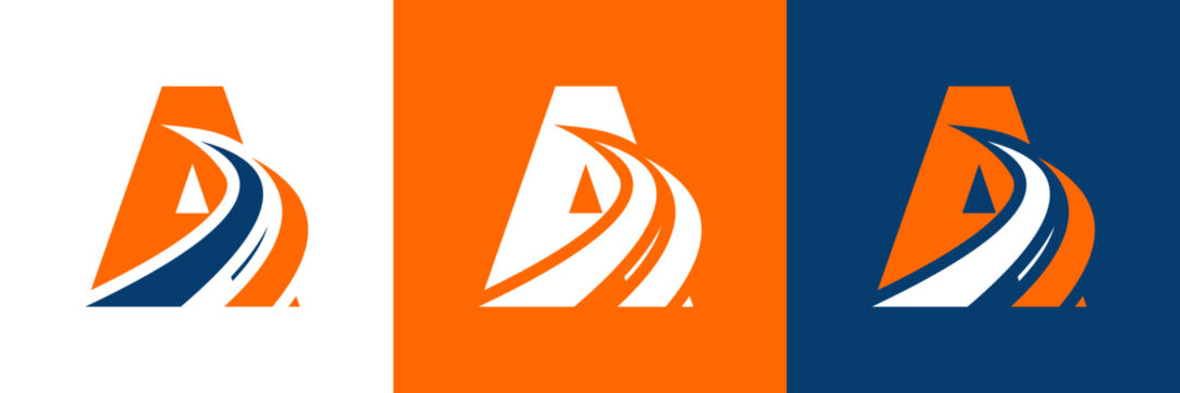 Letter A with road logo, road icon, highway, lane icon, logo design in three colors vector