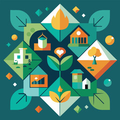 Poster - Geometric illustration of eco friendly living with houses trees and plants on a teal green background
