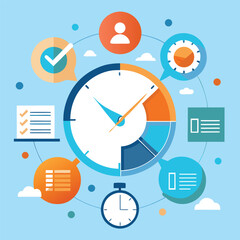 Poster - Illustrative abstract clock and associated elements representing time management and organizational planning