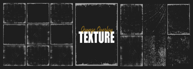 Aufkleber - Collection of grunge overlay paper texture, damaged photo cover, retro torn or rip background, distressed ink paint brush stroke frame and dirty banner filter with uneven edge, splash and dust grain.