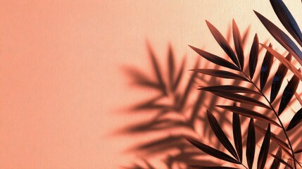 Poster - Elegant shadows of palm leaves cast on a soft peach background, creating a serene atmosphere