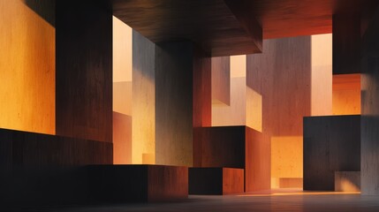 Poster - Abstract architectural scene with illuminated geometric forms creating a warm atmosphere