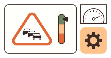 Poster - Traffic congestion warning triangle, fuelelectricity gauge, speedometer, and gear symbol. Ideal for road safety, transport management, driving tips, driving education, logistics optimization vehicle