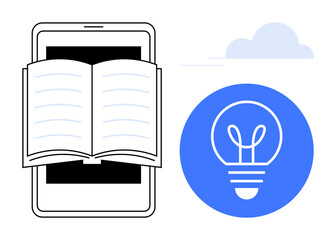 Poster - Open book placed over smartphone screen beside a blue circle light bulb icon suggesting innovation, technology, and education. Ideal for e-learning, creativity, reading, modern knowledge, innovation