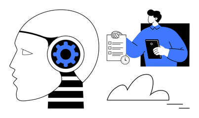 Poster - Human-thumbs up robot head with gear mechanism, professional holding tablet, checklist, clock, and cloud. Ideal for technology, AI, task management, innovation time management digital tools