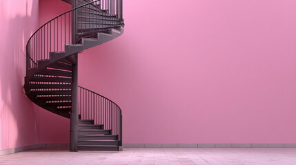 Poster - Modern spiral staircase against a pink wall. Aesthetic architectural design with minimalist interior space. A conceptual background.
