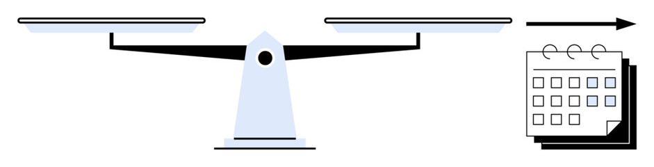 Poster - Balanced scale with horizontal platform and calendar in the background suggests decision-making, balance, and management. Ideal for productivity, planning, time optimization, fairness, scheduling