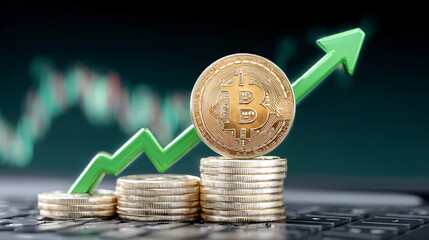 Poster - Golden bitcoin coin and coin stacks with green arrow pointing up on graph background. Cryptocurrency growth and financial investment concept.