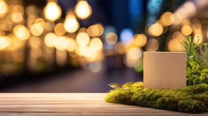 Poster - Wooden block on a moss-covered surface with blurred city lights in the background at night
