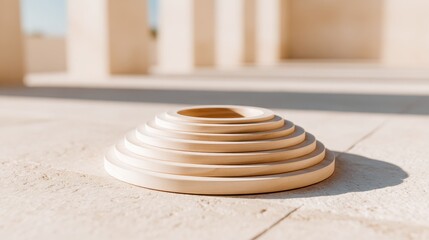 Poster - Minimalist wooden sculpture with concentric rings set against a sunlit architectural background