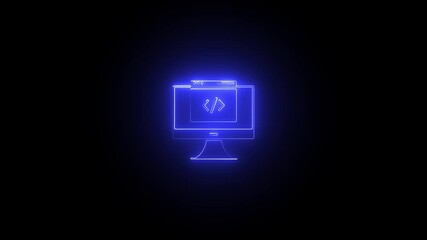 Neon computer screen with code symbol glows on black background animation for software development and programming projects