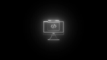 Neon computer screen with code symbol glows on black background animation for software development and programming projects