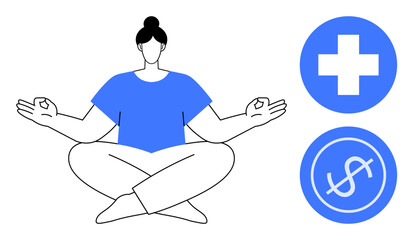 Poster - Woman sitting cross-legged in meditation pose with health and dollar signs nearby. Ideal for health, financial balance, mindfulness, personal wellbeing, mental focus, stress relief, simple flat