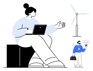 Poster - woman with laptop gesturing towards a wind turbine, joined by man holding lightbulb. ideal for teamw