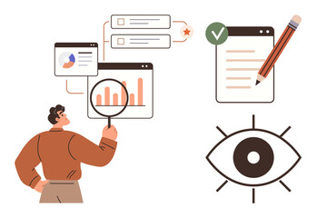 Poster - Man examining analytics charts with magnifier, checklist, task progress, and eye motif. Ideal for research, project planning, productivity, evaluation, focus data review and strategy in a simple